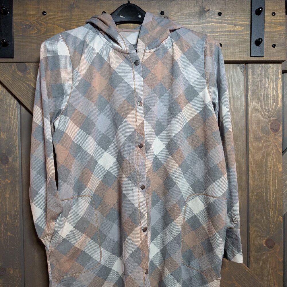 Cuddle duds size L beige & grey check; extra soft hoodie